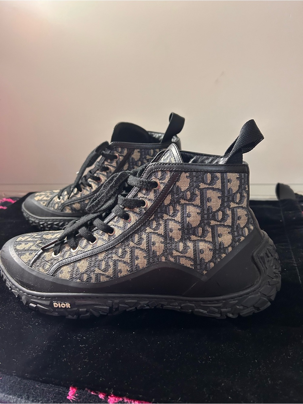 Authentic Dior Black and Gray Oblique High-Top Sneakers